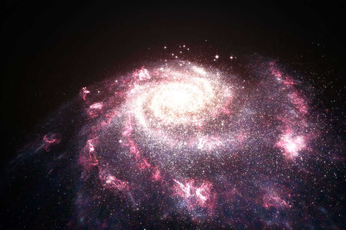 This illustration shows a messy, chaotic galaxy undergoing bursts of star formation. (ESA/NASA/L. Calçada)