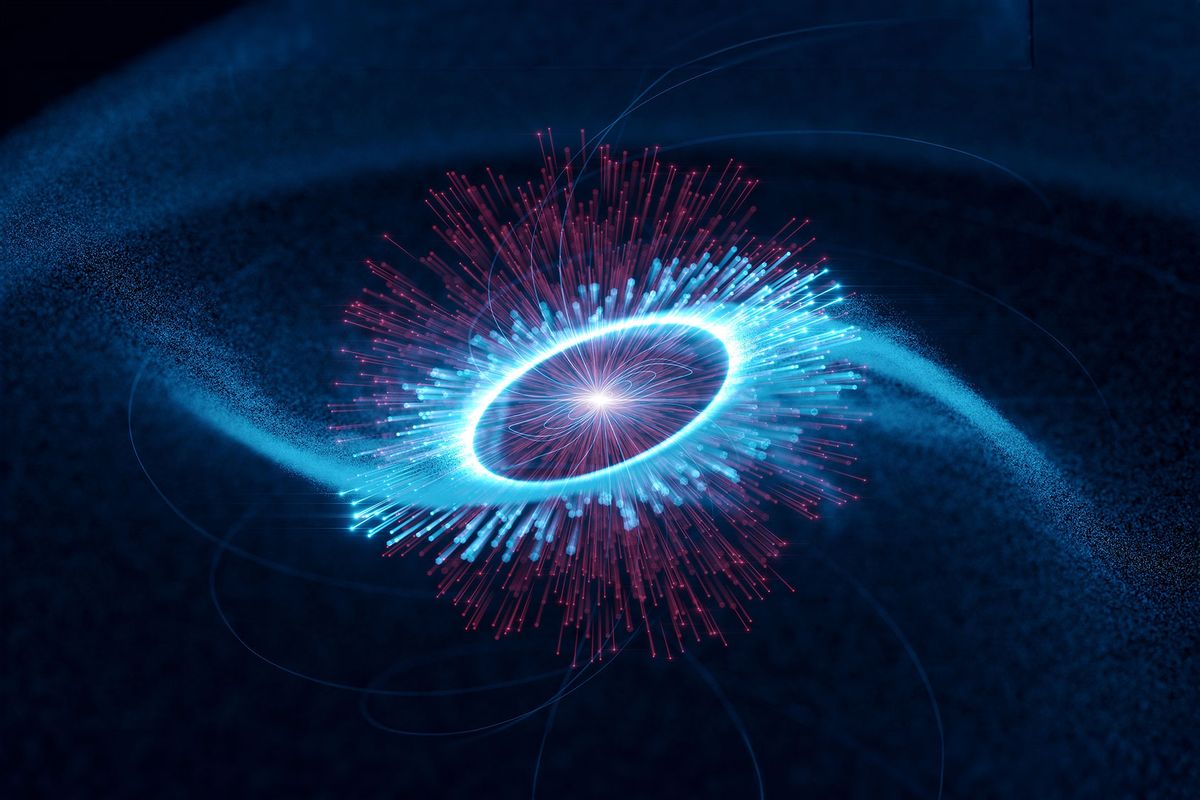 The researchers think that infrared light particles (photons) from the poles of the pulsar are boosted to gamma-ray energies (blue) by fast electrons. (Science Communication Lab for DESY)