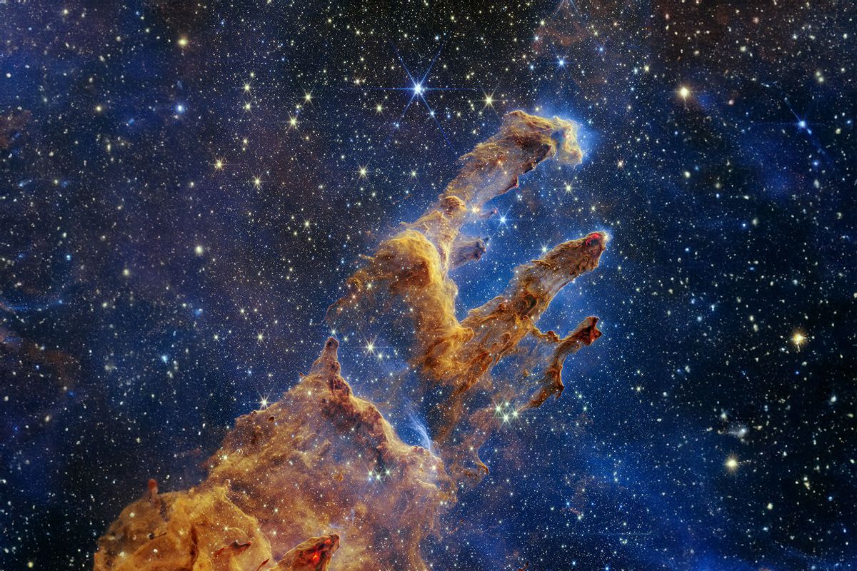 The Pillars of Creation are set off in a kaleidoscope of color in NASA’s James Webb Space Telescope’s near-infrared-light view. The pillars look like arches and spires rising out of a desert landscape, but are filled with semi-transparent gas and dust, and ever changing. (NASA, ESA, CSA, STScI, Joseph DePasquale, Anton M. Koekemoer, Alyssa Pagan)