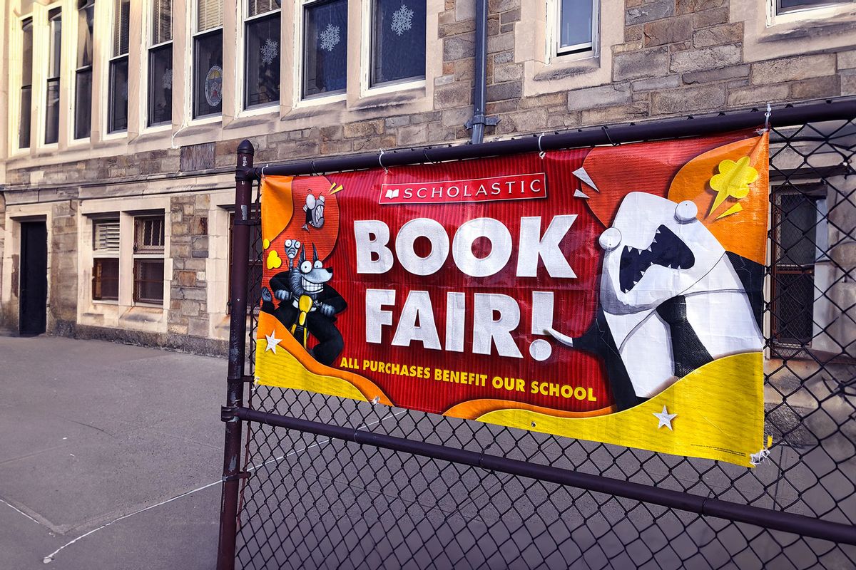 Scholastic Book Fair banner outside Catholic school, Queens, New York. (Lindsey Nicholson/UCG/Universal Images Group via Getty Images)
