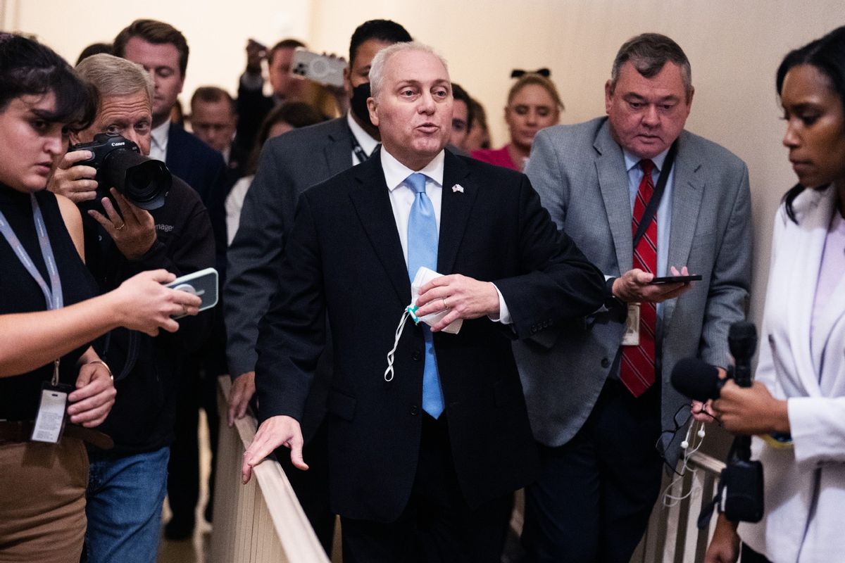 House Majority Leader Steve Scalise, R-La., the House Republican's nominee for speaker of the house, talks with reporters after a conference meeting in the U.S. Capitol on Thursday, October 12, 2023. (Tom Williams/CQ-Roll Call, Inc via Getty Images)