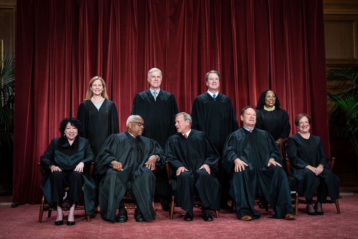 Members of the Supreme Court sit for a group photo following the recent addition of Associate Justice Ketanji Brown Jackson, at the Supreme Court building on Capitol Hill on Friday, Oct 07, 2022 in Washington, DC. (Jabin Botsford/The Washington Post via Getty Images)