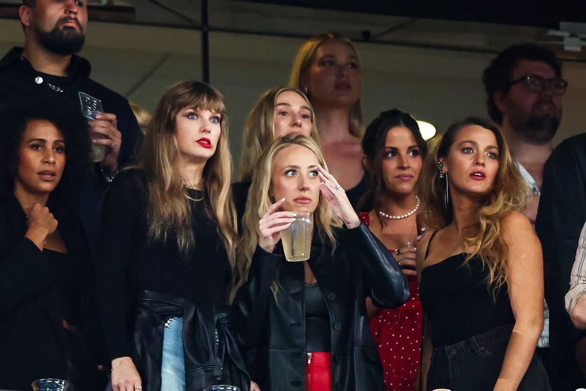 Taylor Swift, Brittany Mahomes, and Blake Lively watch from the stands during an NFL football game between the New York Jets and the Kansas City Chiefs at MetLife Stadium on October 1, 2023 in East Rutherford, New Jersey. (Kevin Sabitus/Getty Images)