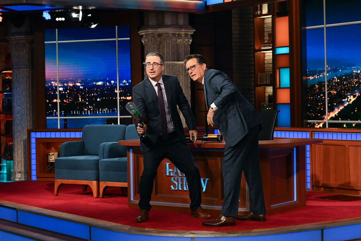 The Late Show with Stephen Colbert and guest John Oliver during Tuesday’s October 3, 2023 show. (Scott Kowalchyk/CBS)