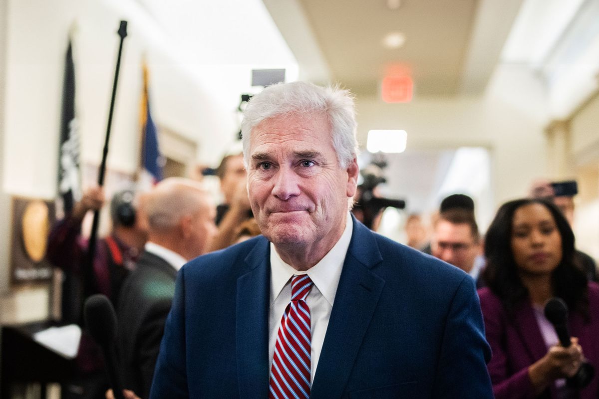 House Majority Whip Tom Emmer, R-Minn., candidate for speaker of the House, is seen outside a House Republican Conference speaker election meeting in Longworth Building on Tuesday, October 24, 2023. (Tom Williams/CQ-Roll Call, Inc via Getty Images)