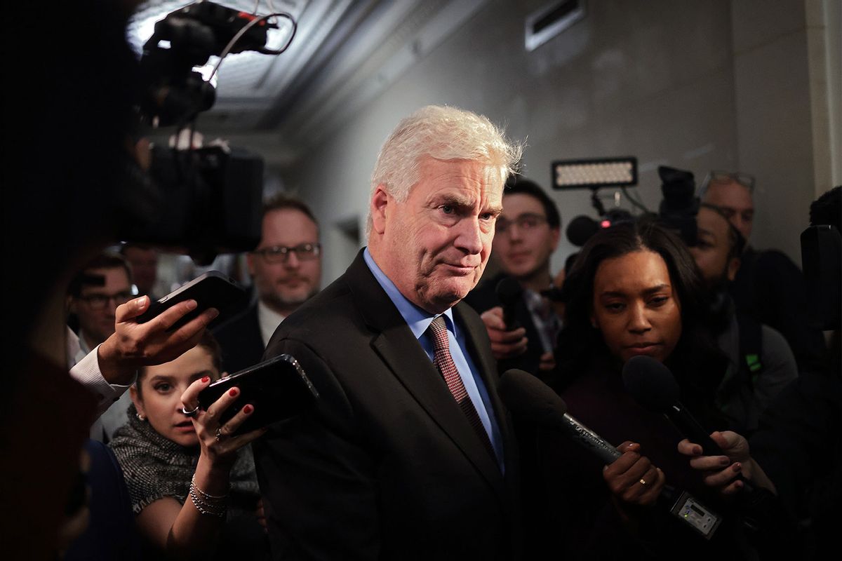 U.S. House Majority Whip Tom Emmer (R-MN) speaks to reporters as he leaves a House Republican candidates forum where congressmen who are running for Speaker of the House presented their platforms in the Longworth House Office Building on Capitol Hill on October 23, 2023 in Washington, DC. (Win McNamee/Getty Images)
