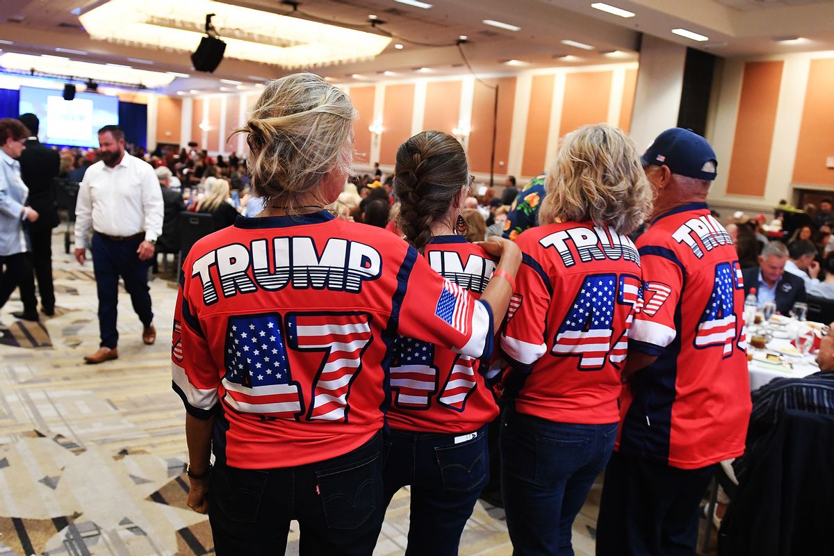 Trump supporters celebrate before former President Donald Trump speaks at the CAGOP convention in Anaheim Friday. (Wally Skalij/Los Angeles Times via Getty Images)