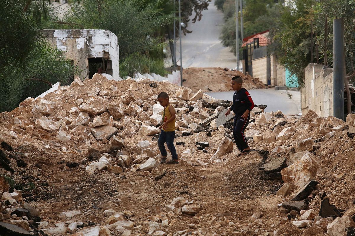 A view of the demolished memorial of late Palestinian journalist Shireen Abu Akleh, Israeli army bulldozers destroyed the memorial, located at the entrance to the Jenin refugee camp in Jenin, West Bank on October 27, 2023. (Nedal Eshtayah/Anadolu via Getty Images)