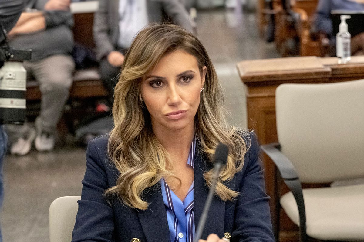 Lawyer Alina Habba is seated at the fraud trail against former President Donald Trump in New York, on November 1, 2023. (ANNA WATTS/POOL/AFP via Getty Images)