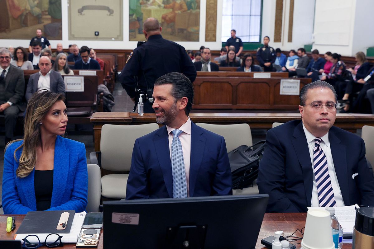 Former U.S. President Donald Trump's son and co-defendant, Donald Trump Jr., and lawyer Alina Habba (L) attend the Trump Organization civil fraud trial, in New York State Supreme Court on November 2, 2023 in New York City. (Shannon Stapleton-Pool/Getty Images)