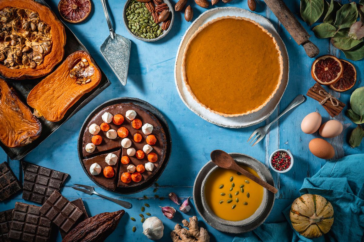 Autumn meal with pumpkin pie, butternut squash soup and pumpkin chocolate cake (Getty Images/MEDITERRANEAN)