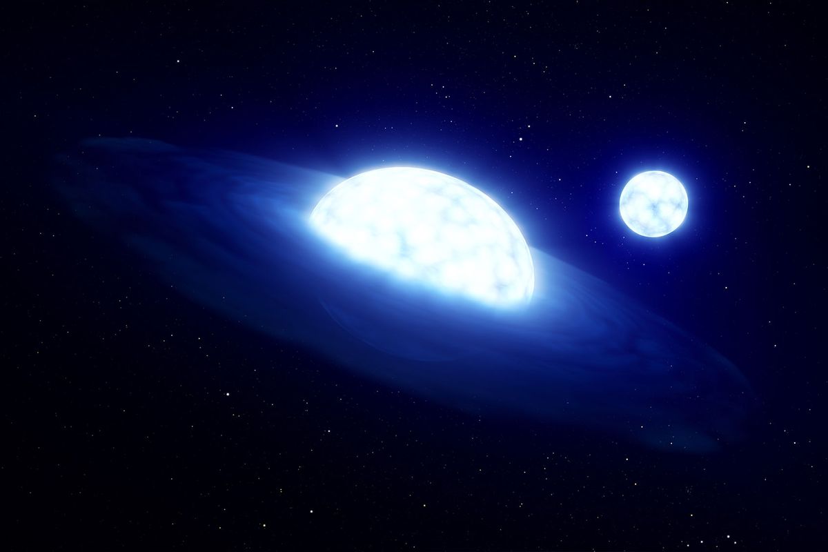 Artist’s impression composed of a star with a disc around it (a Be “vampire” star; foreground) and its companion star that has been stripped of its outer parts (background). (ESO/L. Calçada)