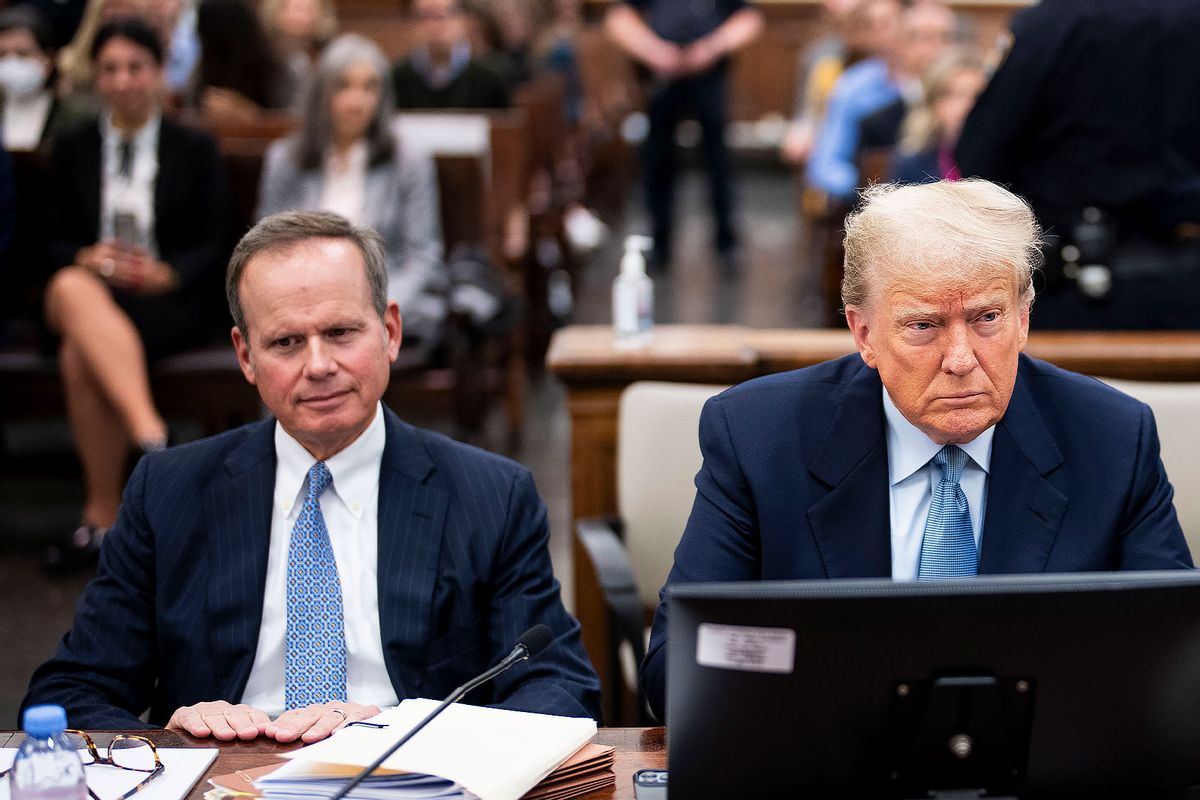 Former President Donald Trump sits in the courtroom with attorneys Christopher Kise during his civil fraud trial at New York State Supreme Court on October 18, 2023 in New York City. (Doug Mills-Pool/Getty Images)