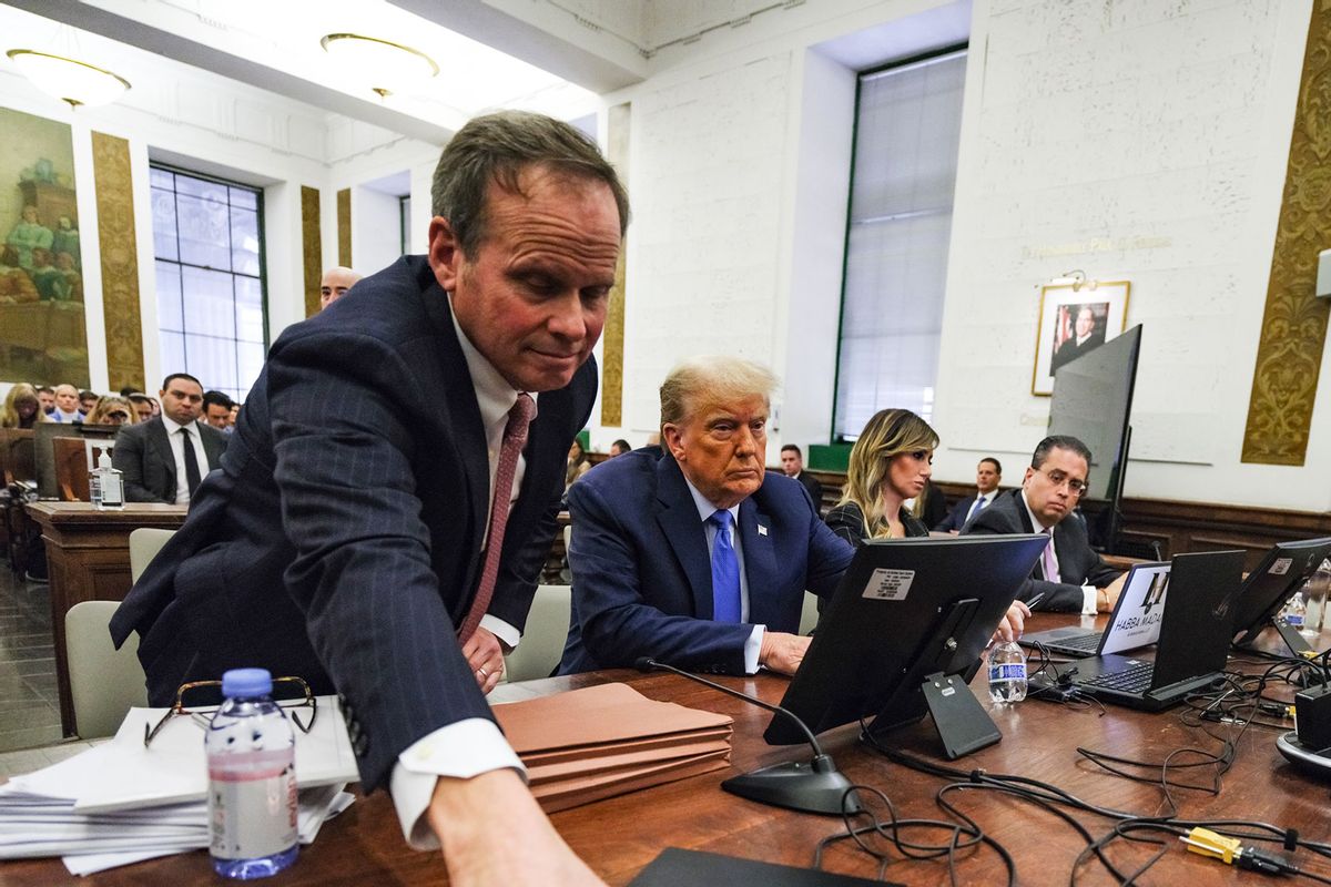Former President Donald Trump sits in the courtroom with attorneys Christopher Kise (L) and Alina Habba during his civil fraud trial at New York State Supreme Court on November 06, 2023 in New York City. (Curtis Means-Pool/Getty Images)