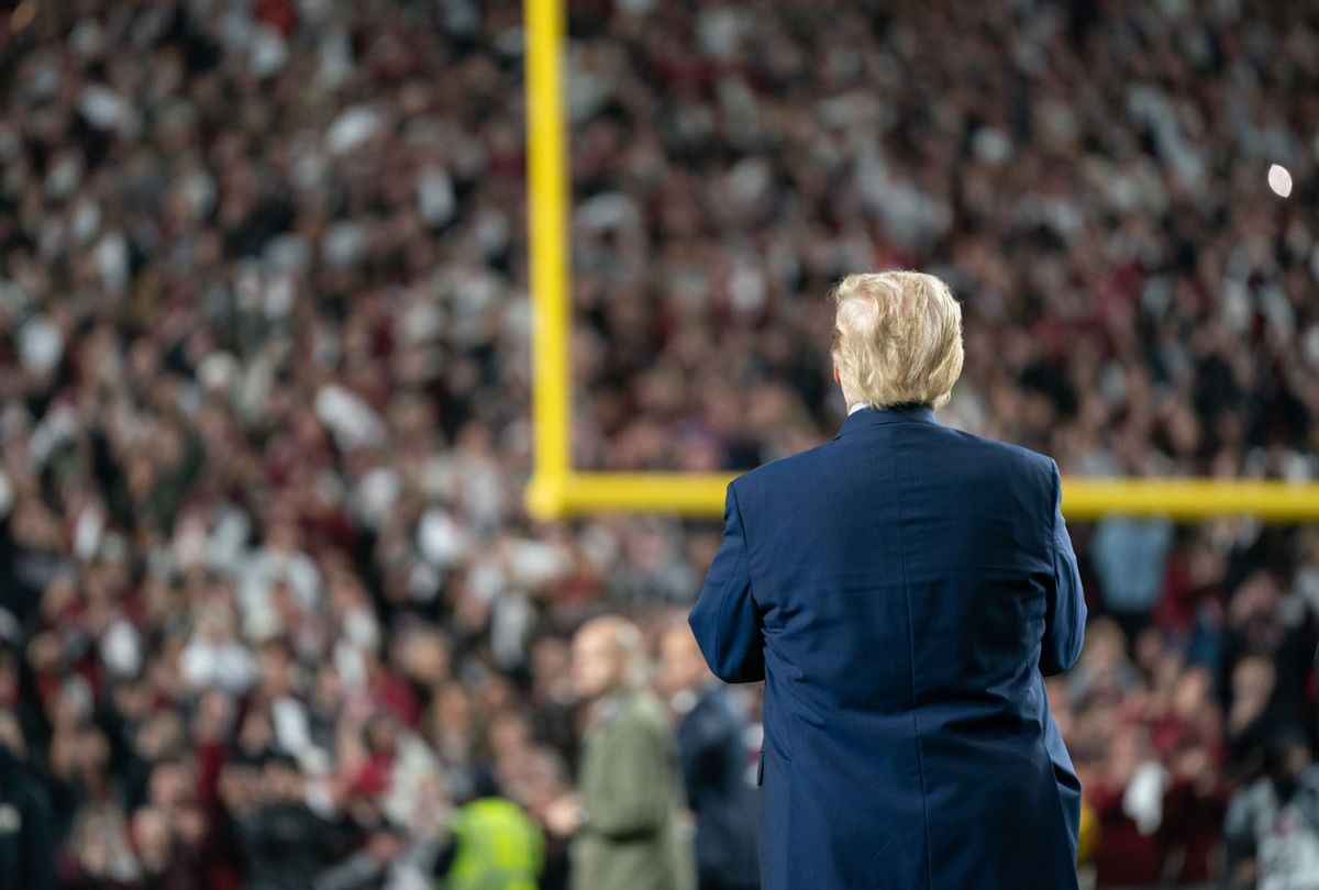 Former President Donald Trump stands on the field during halftime in the Palmetto Bowl between Clemson and South Carolina at Williams Brice Stadium on November 25, 2023 in Columbia, South Carolina. (Sean Rayford/Getty Images)