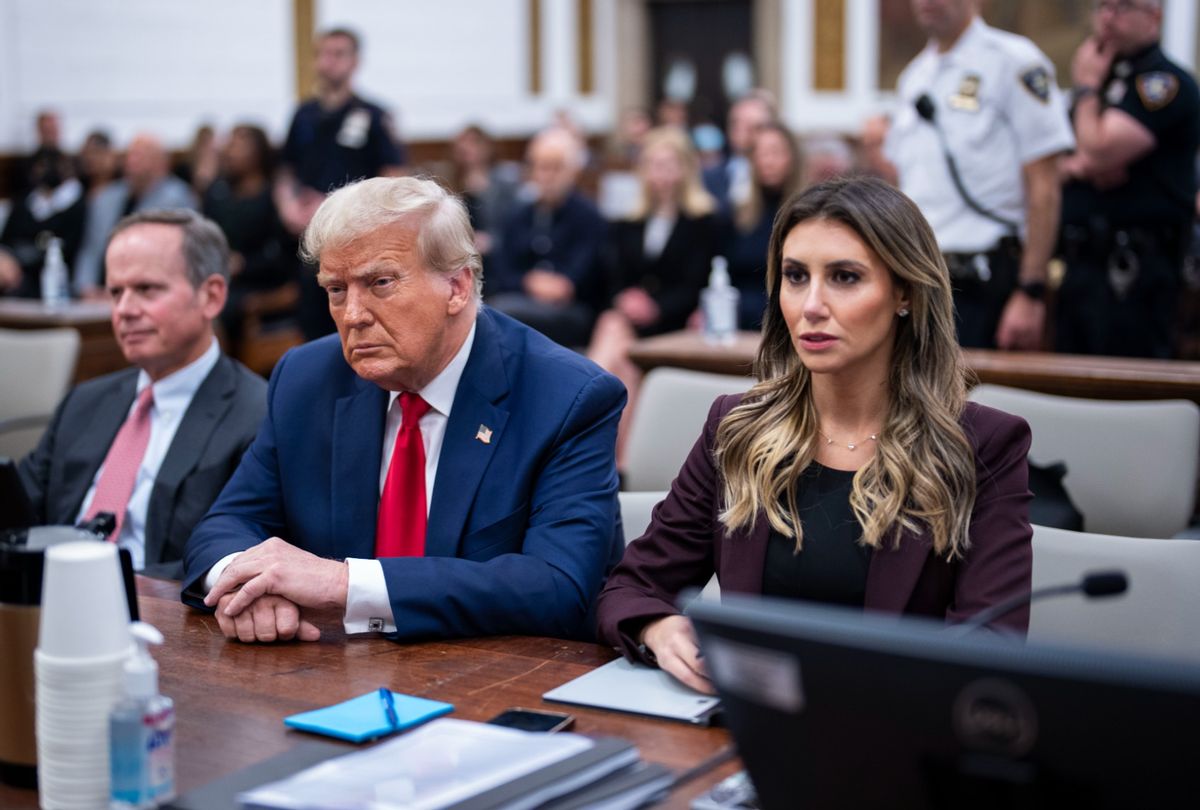 Former President Donald Trump sits in the courtroom with attorneys Christopher M. Kise and Alina Habba during his civil fraud trial at New York State Supreme Court on October 17, 2023 in New York City. (Doug Mills-Pool/Getty Images)