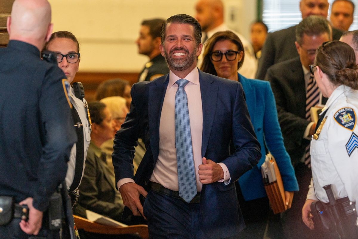 Donald Trump Jr. steps out for a break at former President Donald Trump's civil fraud trial on November 02, 2023 in New York City.  (David Dee Delgado/Getty Images)