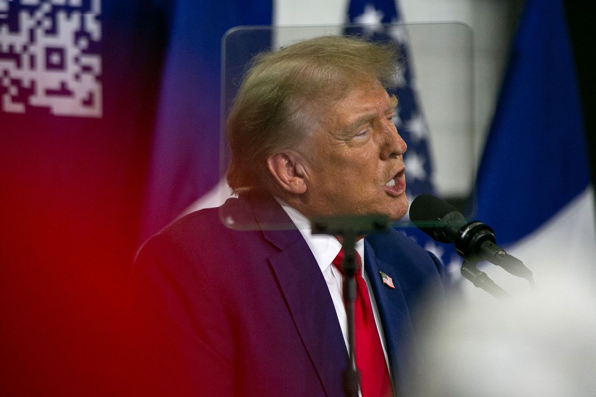 Former President Donald Trump speaks to a crowd of supporters at the Fort Dodge Senior High School on November 18, 2023 in Fort Dodge, Iowa. (Jim Vondruska/Getty Images)