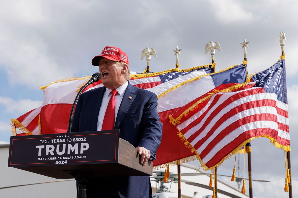 Former President Donald Trump gives remarks at the South Texas International airport on November 19, 2023 in Edinburg, Texas. (Michael Gonzalez/Getty Images)