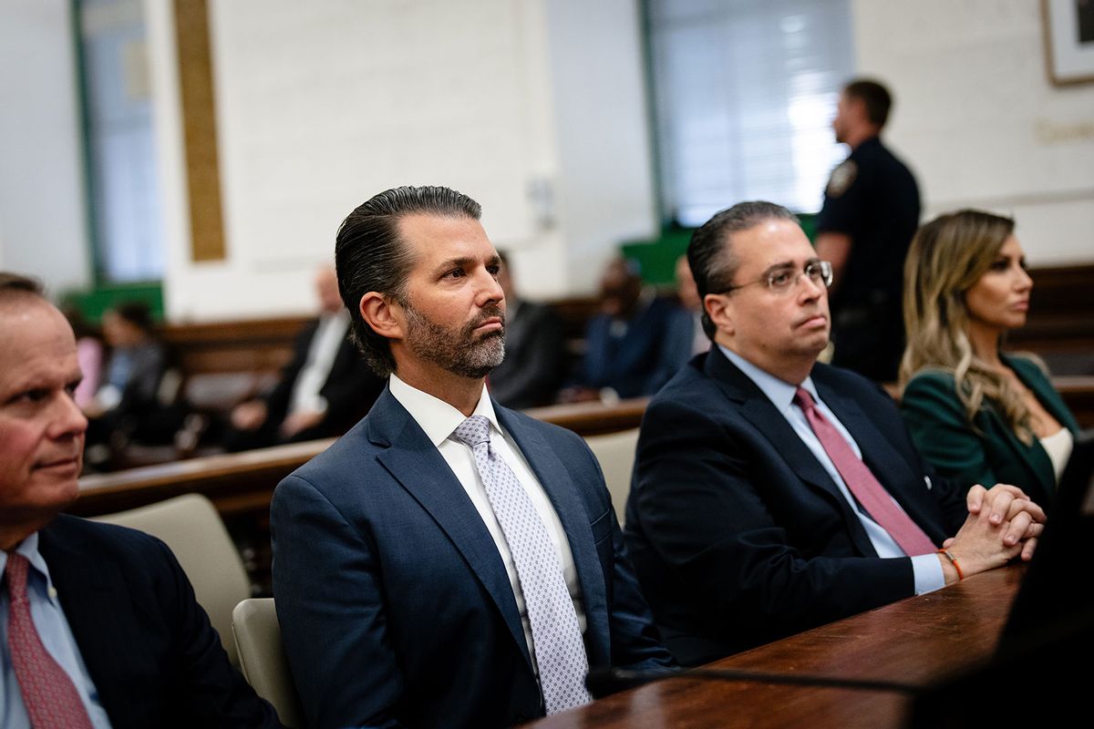 Attorney Christopher Kise, Donald Trump Jr., Attorney Cliff Robert, and Attorney Alina Habba sit in the courtroom for Trump's civil fraud trial at New York State Supreme Court on November 13, 2023 in New York City. (Erin Schaff-Pool/Getty Images)