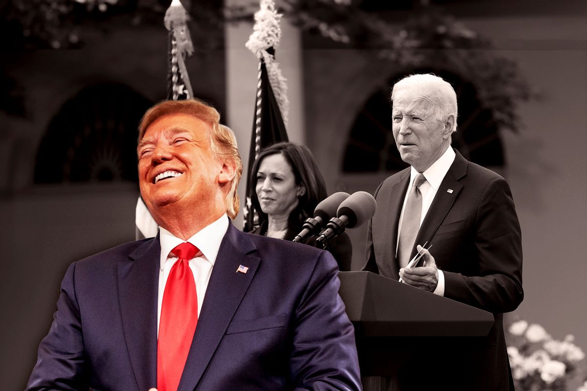 Donald Trump, Kamala Harris and Joe Biden (Photo illustration by Salon/Getty Images)