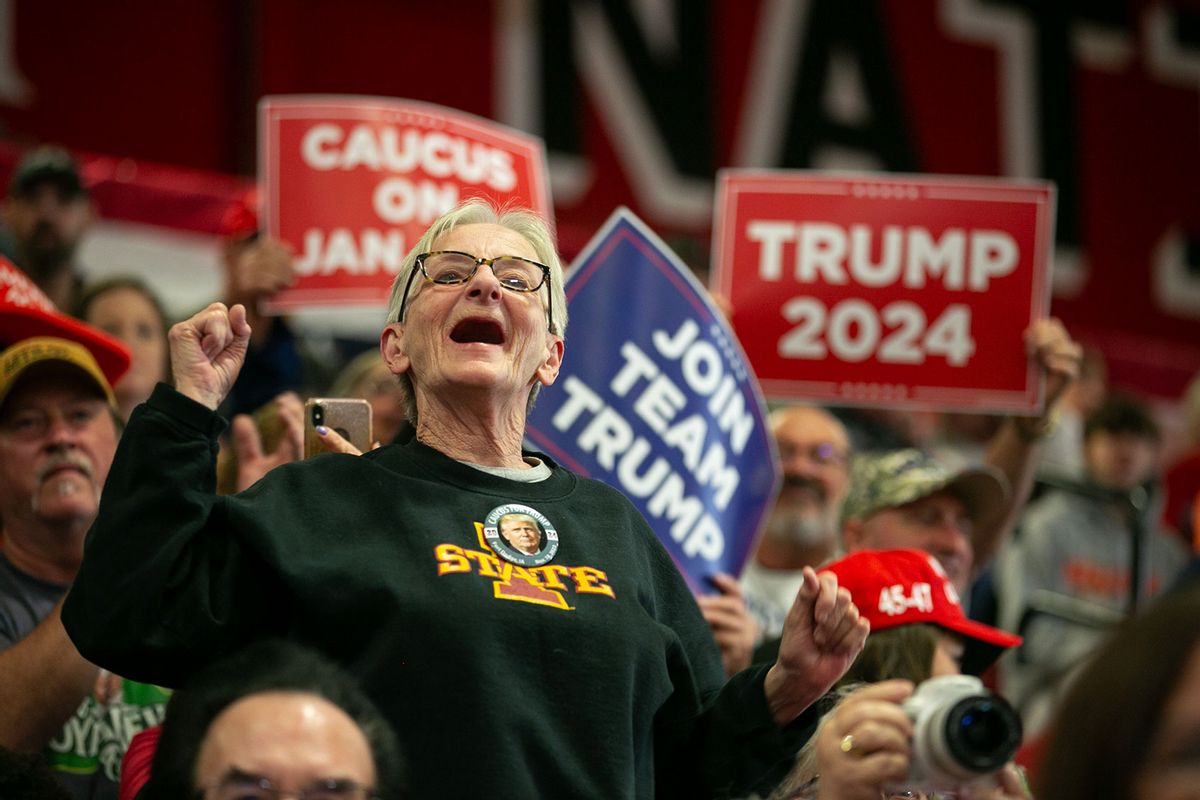 A supporter of Donald Trump shouts from the crowd at the Fort Dodge Senior High School on November 18, 2023 in Fort Dodge, Iowa. (Jim Vondruska/Getty Images)