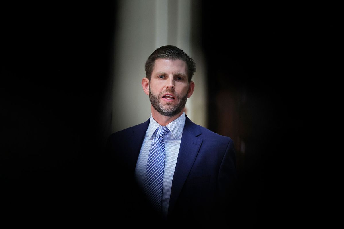Eric Trump gives a statement after his second day of testimony during his civil fraud trial at New York State Supreme Court on November 03, 2023 in New York City. (Michael M. Santiago/Getty Images)