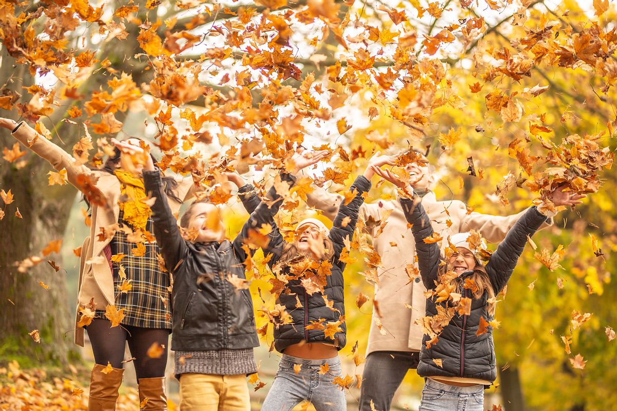 Family fun outdoors in the autumn by throwing fallen leaves up in the air. (Getty Images/MarianVejcik)