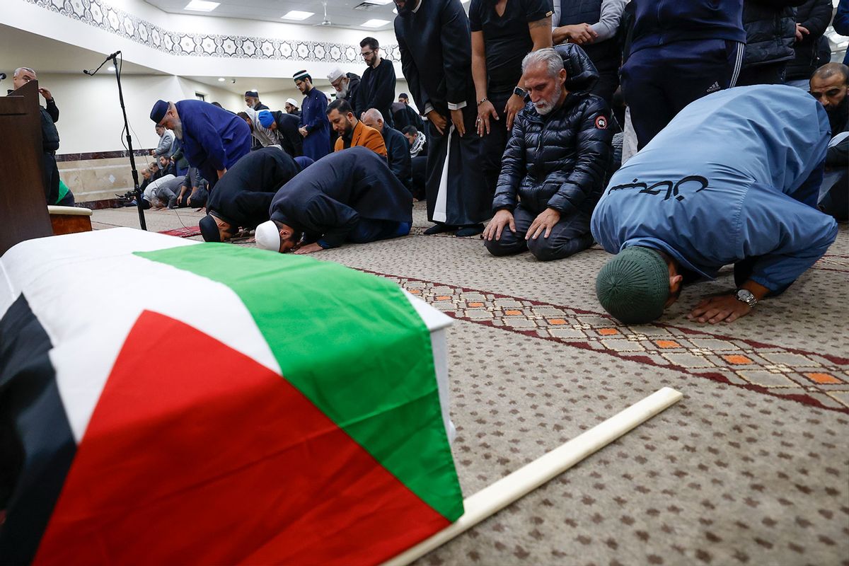 Family and community members pray during the funeral service for six-year-old Wadea Al-Fayoume at the Mosque Foundation on October 16, 2023 in Bridgeview, Illinois. (Kamil Krzaczynski/Getty Images)