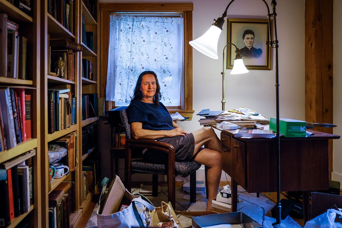 Heather Cox Richardson, a writer, professor and an expert historian in 19th-century America, poses for a portrait in her study at her home. (Erin Clark/The Boston Globe via Getty Images)