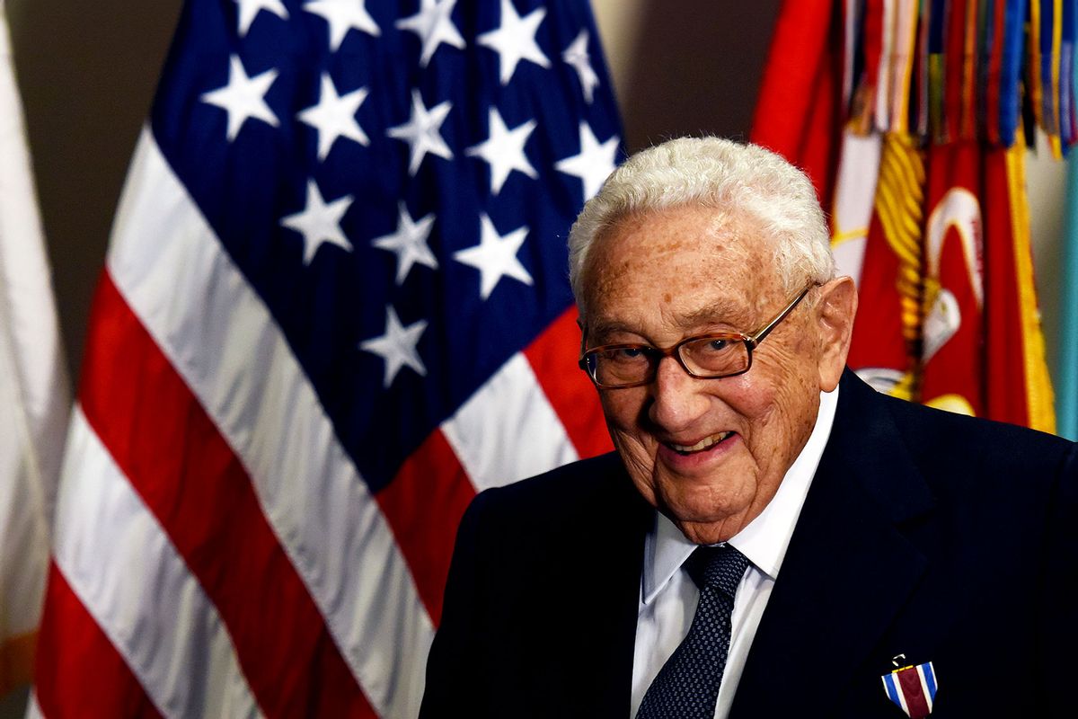 Former U.S. Secretary of State Henry Kissinger is seen at an award ceremony hold by U.S. Defense Secretary Ash Carter honoring him for his years of distinguished public service at the Pentagon in Washington D.C.,the United States, May 9, 2016. (Xinhua/Yin Bogu via Getty Images)