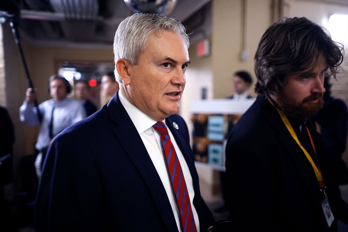 House Committee on Oversight and Accountability Chairman James Comer (R-KY) (L) arrives for the weekly House Republican conference meeting in the basement of the U.S. Capitol on November 07, 2023 in Washington, DC. (Chip Somodevilla/Getty Images)