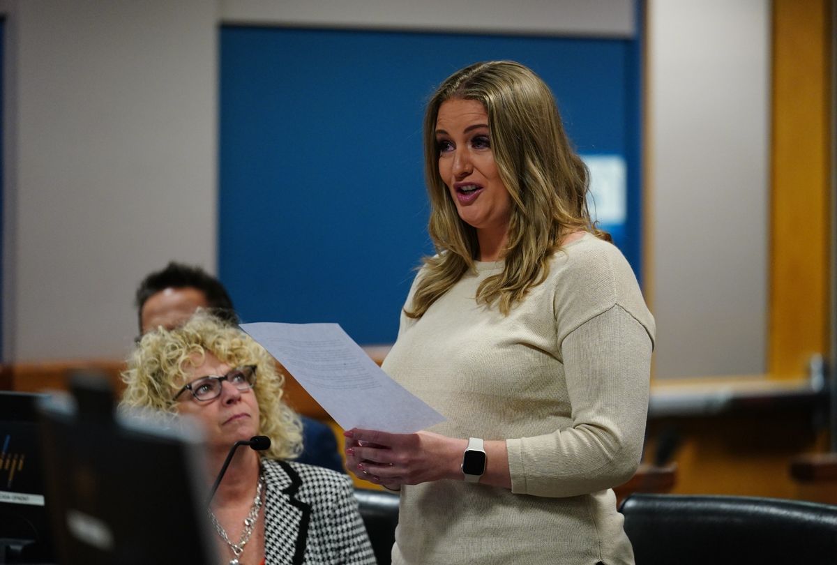 Jenna Ellis reads a statement after pleading guilty to a felony count of aiding and abetting false statements and writings at the Fulton County Courthouse October 24, 2023 in Atlanta, Georgia. (John Bazemore-Pool/Getty Images)