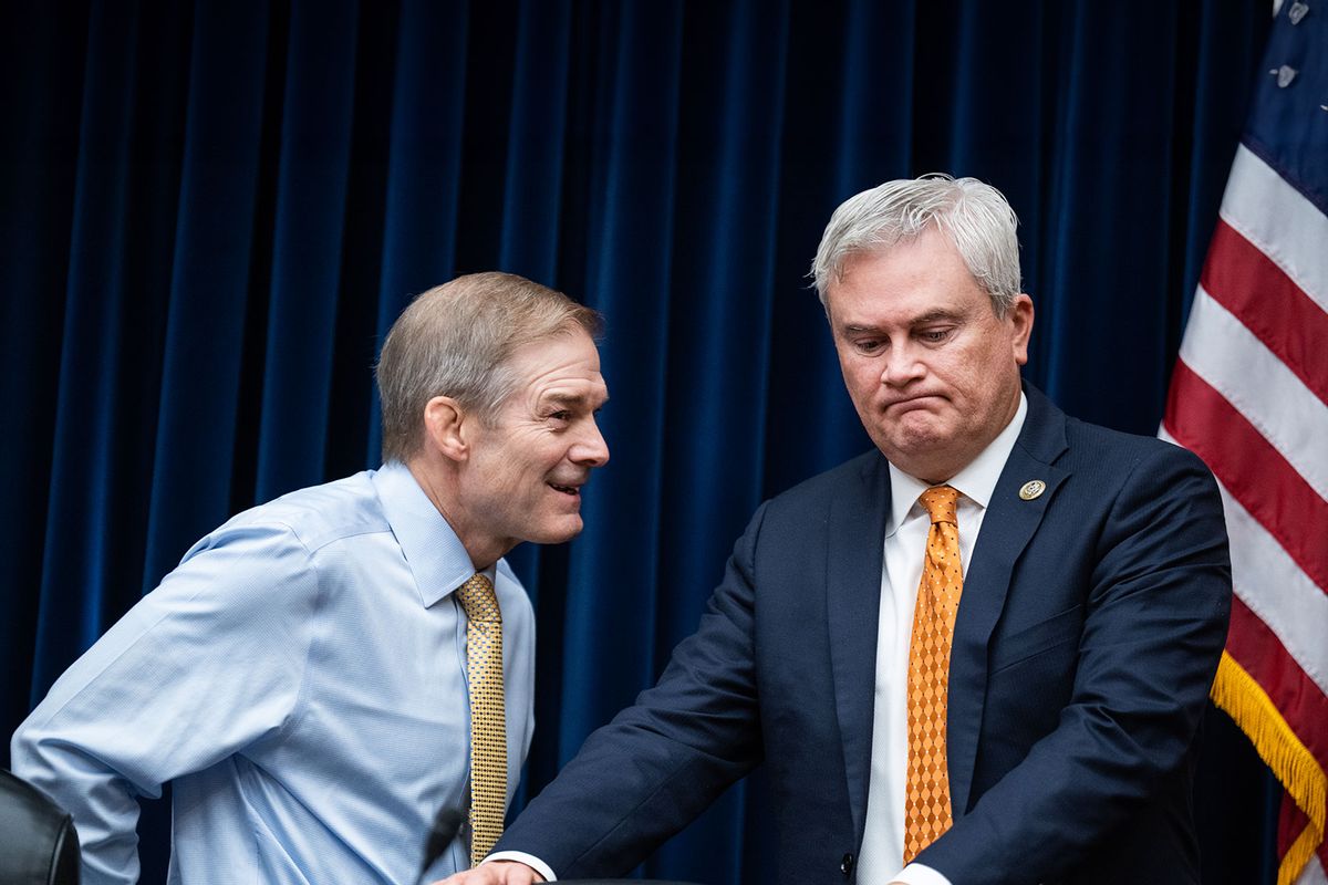 Chairman James Comer, R-Ky., left, and Rep. Jim Jordan, R-Ohio, attend the House Oversight and Accountability Committee hearing titled "Oversight of the U.S. General Services Administration," in Rayburn Building on Tuesday, November 14, 2023. (Tom Williams/CQ-Roll Call, Inc via Getty Images)