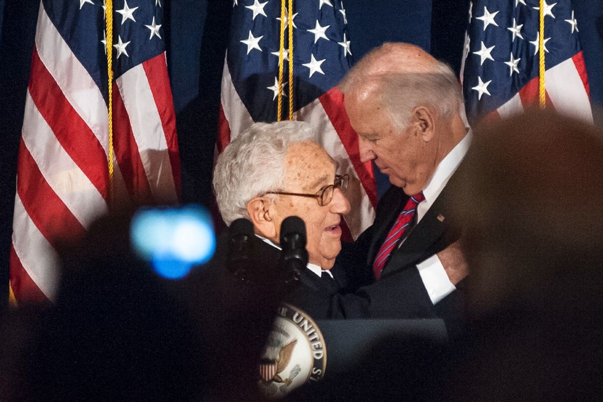 Former Secretary of State Henry Kissinger delivers remarks and introduces then Vice President Joe Biden after receiving the annual Theodor Herzl Award during the 2016 World Jewish Congress Herzl Award Dinner at The Pierre Hotel on November 9, 2016 in New York City. (Kris Connor/Getty Images)
