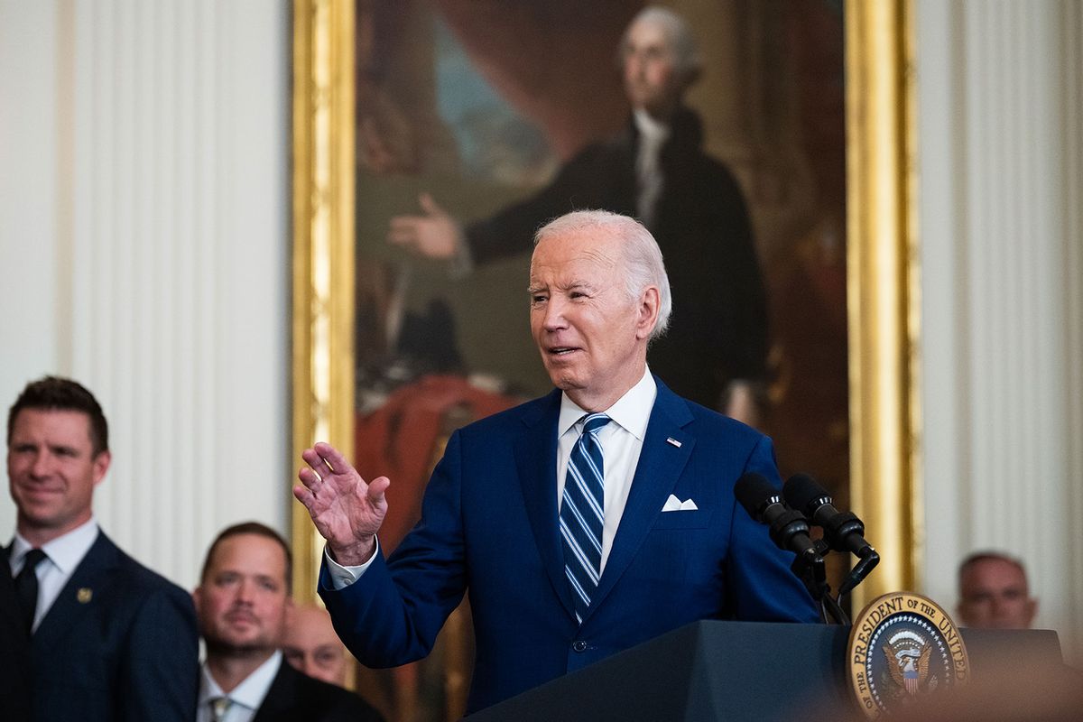 President Joe Biden speaks during an event to celebrate the Vegas Golden Knights' 2023 Stanley Cup victory, in the East Room of the White House on Monday, November 13, 2023. (Tom Williams/CQ-Roll Call, Inc via Getty Images)