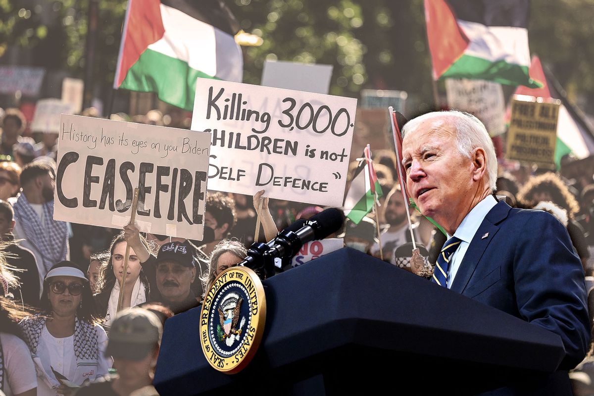Joe Biden | Thousands of pro-Palestinian protesters march down Market Street after a rally at the Civic Center in San Francisco, Calif., as part of an International Day of Solidarity with Palestine, on Saturday, Nov. 4, 2023. (Photo illustration by Salon/Getty Images)