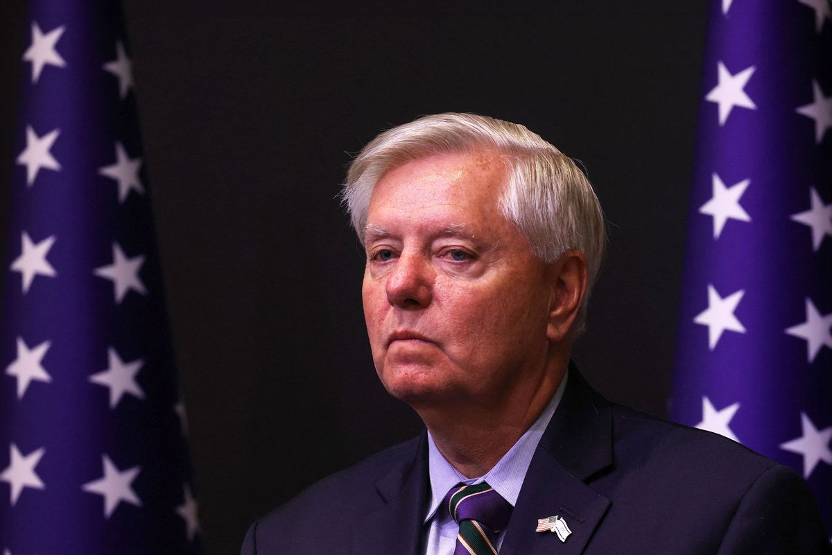 Member of a bipartisan group of US Senators Lindsey Graham looks on as they hold a press conference in Tel Aviv on October 22, 2023. (GIL COHEN MAGEN/AFP via Getty Images)