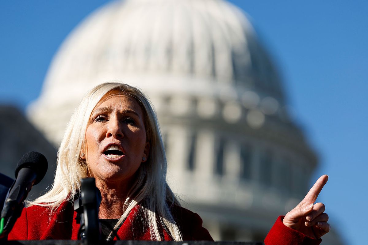U.S. Rep. Marjorie Taylor Greene (R-GA) speaks alongside U.S. Rep. Tony Gonzales (R-TX) at a news conference on border security outside of the U.S. Capitol Building on November 14, 2023 in Washington, DC. (Anna Moneymaker/Getty Images)