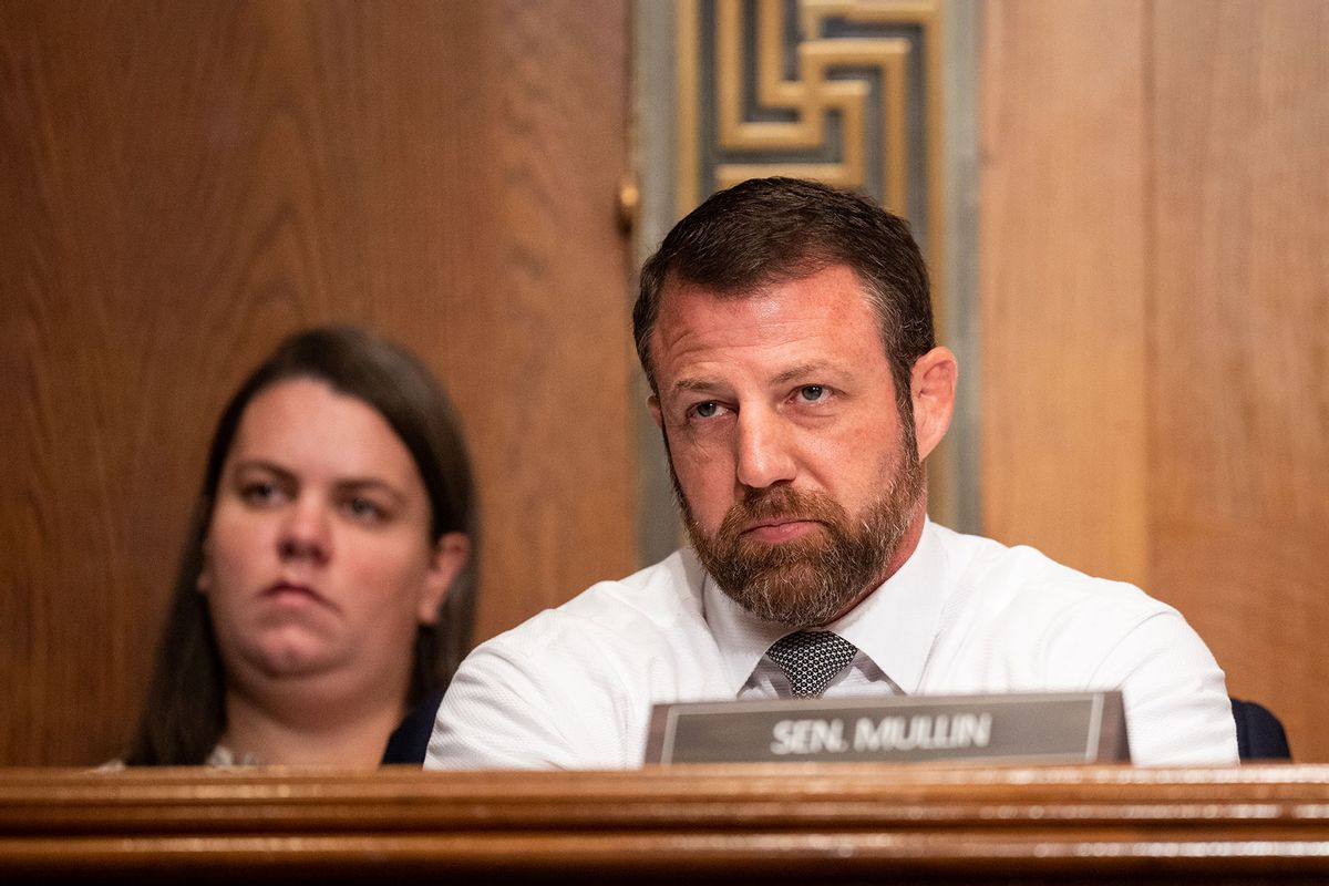 Sen. Markwayne Mullin, R-Okla., listens during the Senate Health, Education, Labor and Pensions Committee hearing on "Standing Up Against Corporate Greed: How Unions are Improving the Lives of Working Families" on Tuesday, November 14, 2023, in the Dirksen Senate Office Building. (Bill Clark/CQ-Roll Call, Inc via Getty Images)