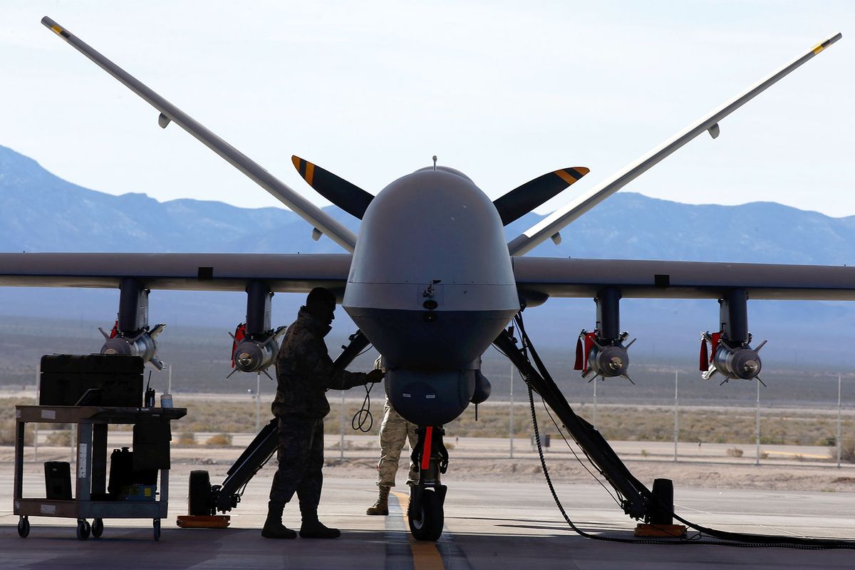 An MQ-9 Reaper remotely piloted aircraft (RPA) is prepared for training mission at Creech Air Force Base on November 17, 2015 in Indian Springs, Nevada. (Isaac Brekken/Getty Images)