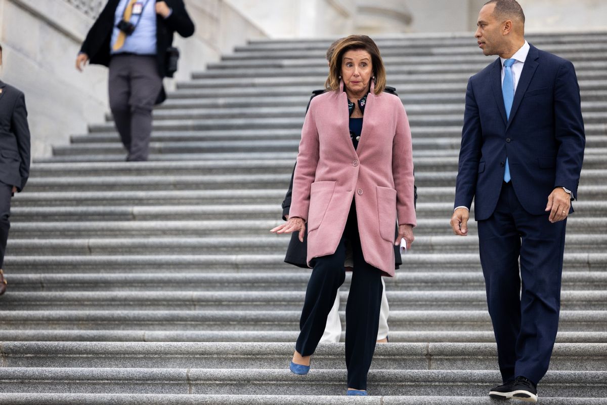 House Democratic Leader Hakeem Jeffries (D-NY) and Former House Speaker Nancy Pelosi (D-CA) arrive at an event recognizing the second anniversary of the January 6th riot in Washington, DC on January 6th, 2022.  (Nathan Posner/Anadolu Agency via Getty Images)