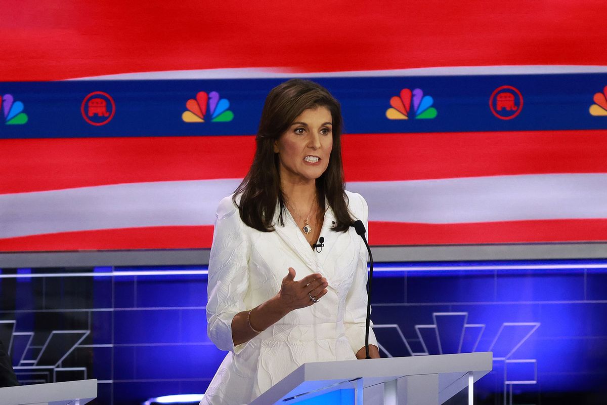 Republican presidential candidate former U.N. Ambassador Nikki Haley speaks during the NBC News Republican Presidential Primary Debate at the Adrienne Arsht Center for the Performing Arts of Miami-Dade County on November 8, 2023 in Miami, Florida. (Joe Raedle/Getty Images)