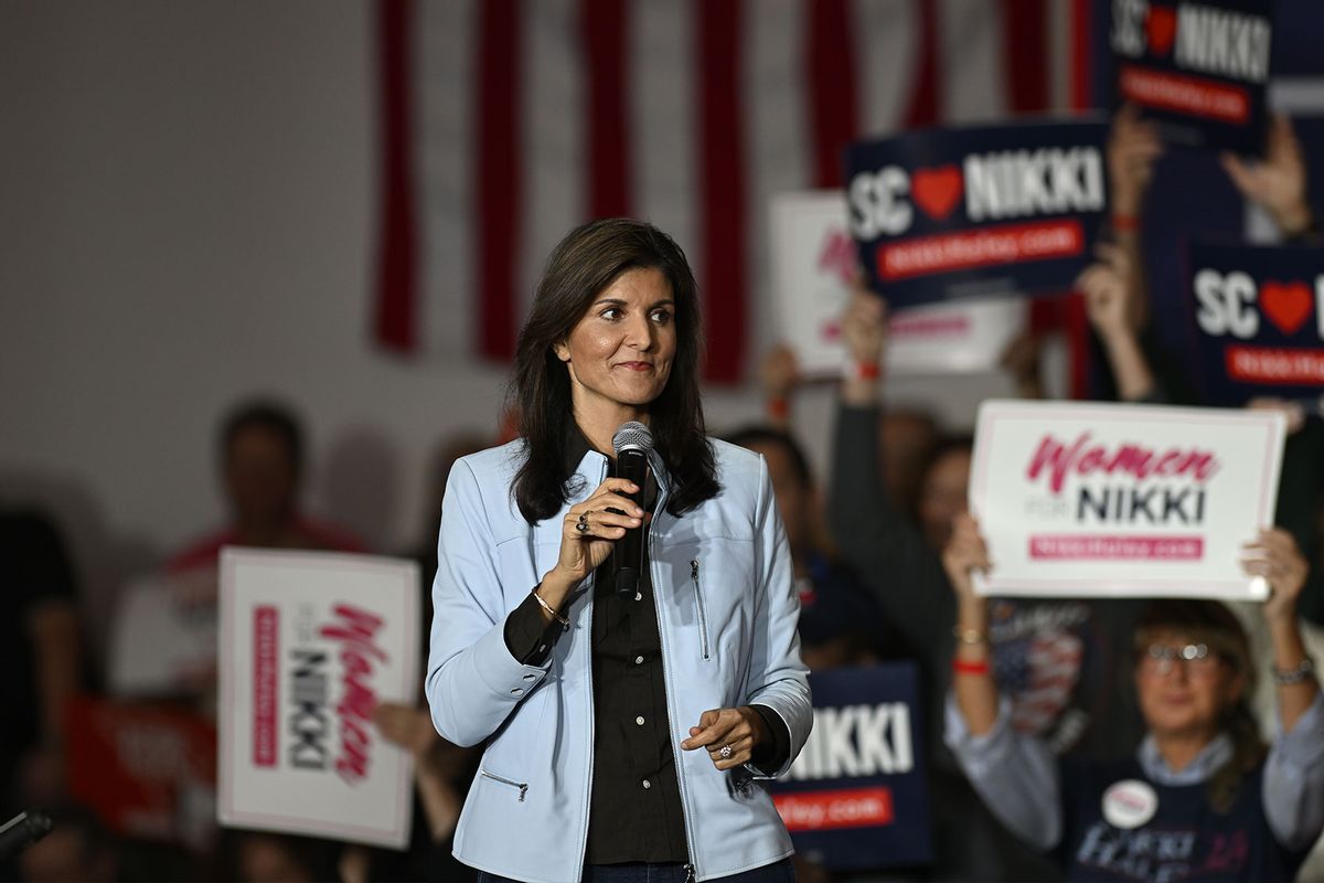 Nikki Haley, the candidate of the Republican Party in the 2024 presidential elections in the US, delivers remarks during a Town Hall campaign event in the Lowcountry in Bluffton SC, United States on November 27, 2023 (Peter Zay/Anadolu via Getty Images)