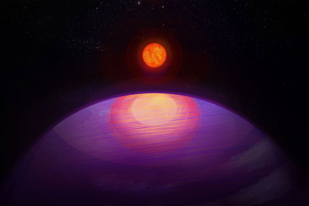 Artistic rendering of the possible view from LHS 3154b towards its low mass host star. Given its large mass, LHS 3154b probably has a Neptune-like composition. (Penn State, CC BY-NC-ND)