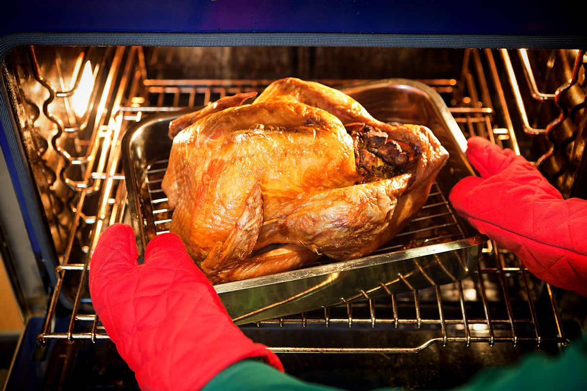 Freshly roasted turkey with stuffing coming out of the oven (Getty Images/YinYang)