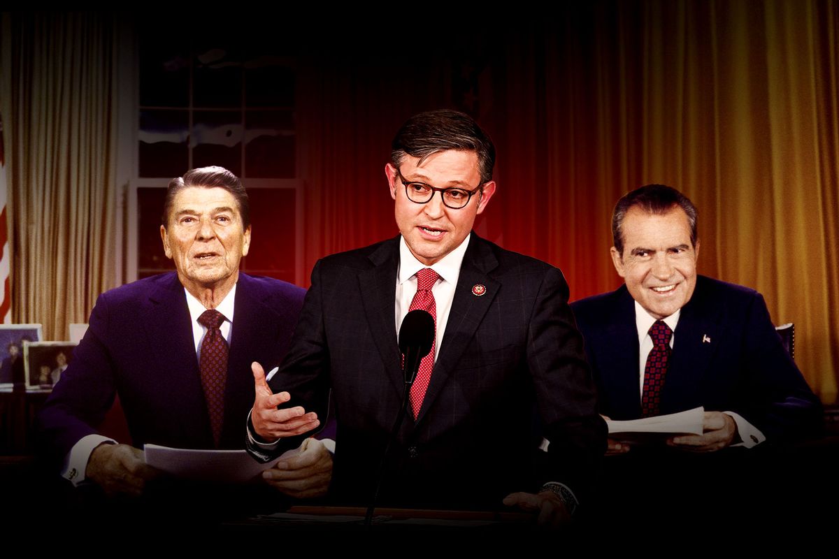 Ronald Reagan, Mike Johnson and Richard Nixon (Photo illustration by Salon/Getty Images)