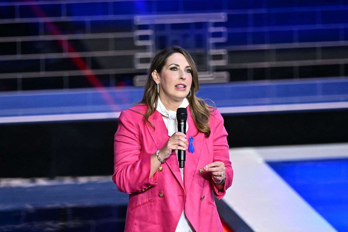 Ronna McDaniel, chairwoman of the Republican National Committee (RNC), speaks ahead of the third Republican presidential primary debate at the Knight Concert Hall at the Adrienne Arsht Center for the Performing Arts in Miami, Florida, on November 8, 2023. (MANDEL NGAN/AFP via Getty Images)