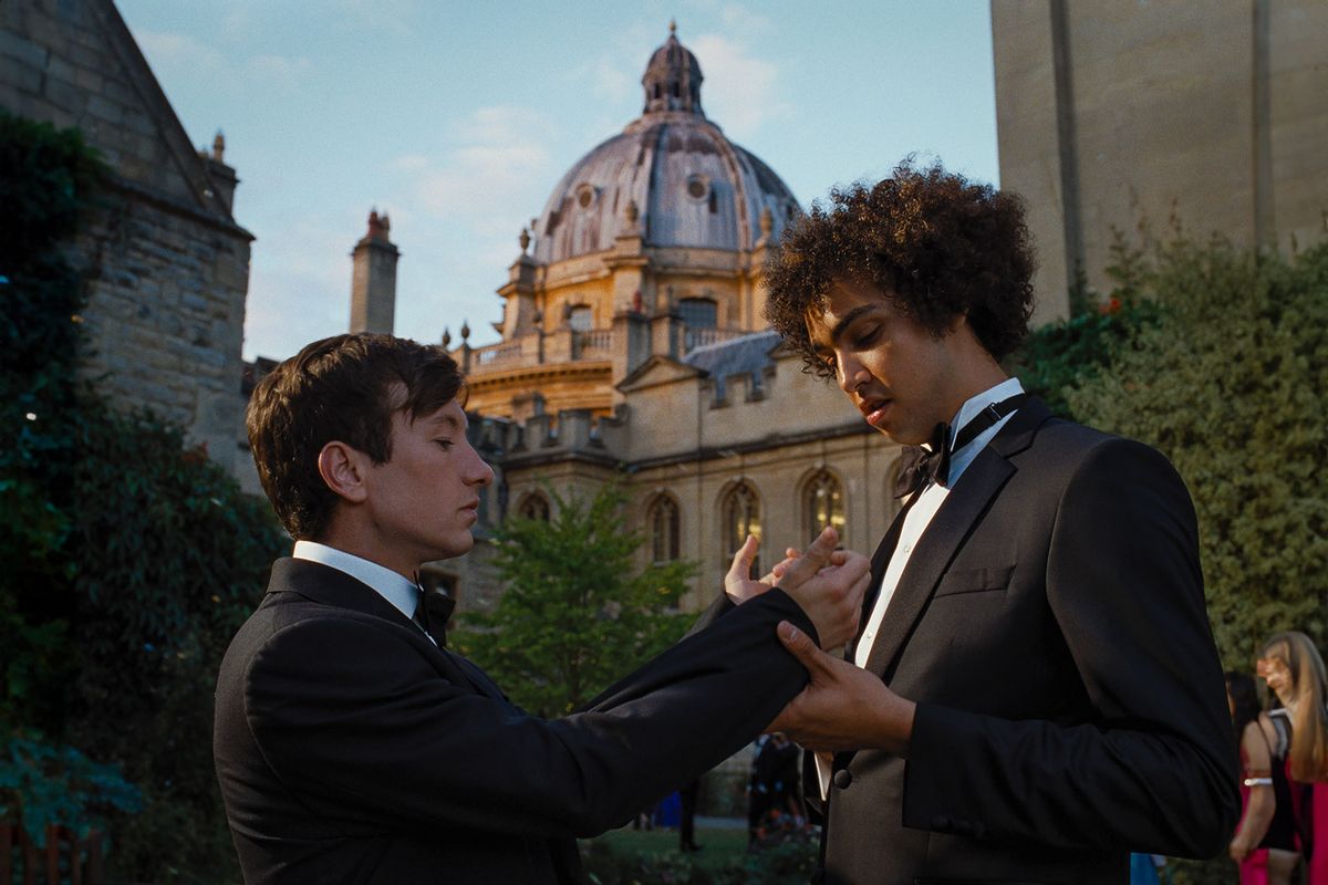 Barry Keoghan as Oliver and Archie Madekwe as Farleigh in "Saltburn" (Amazon Studios/MGM)