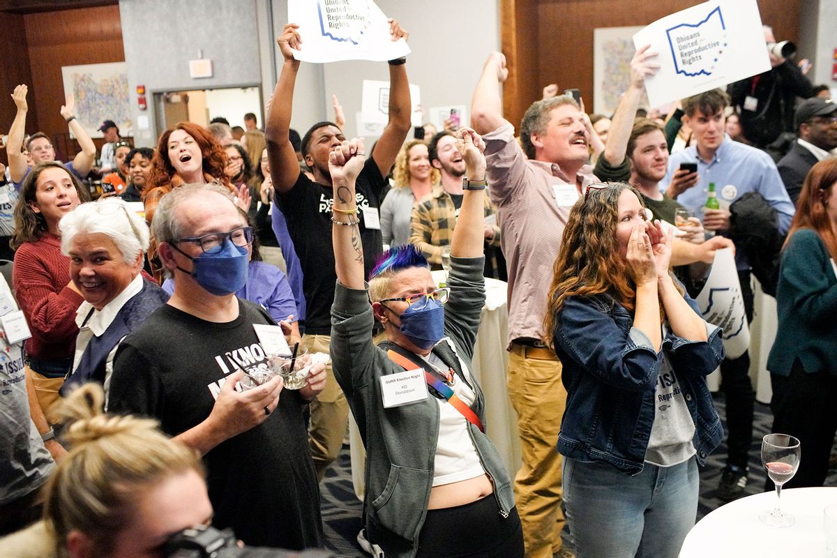 Supporters of Ohio Issue 1 cheer as results come in at a watch party hosted by Ohioans United for Reproductive Rights on November 7, 2023 in Columbus, Ohio. (Andrew Spear/Getty Images)